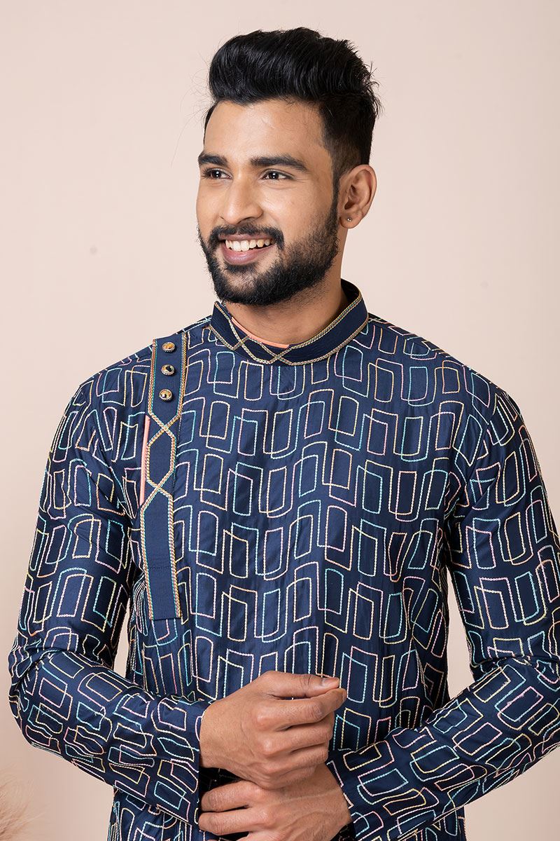 Artistic Navy Blue Indo-Western Designer Kurta Pyjama Set for Party