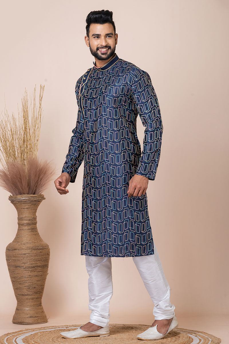 Artistic Navy Blue Indo-Western Designer Kurta Pyjama Set for Party