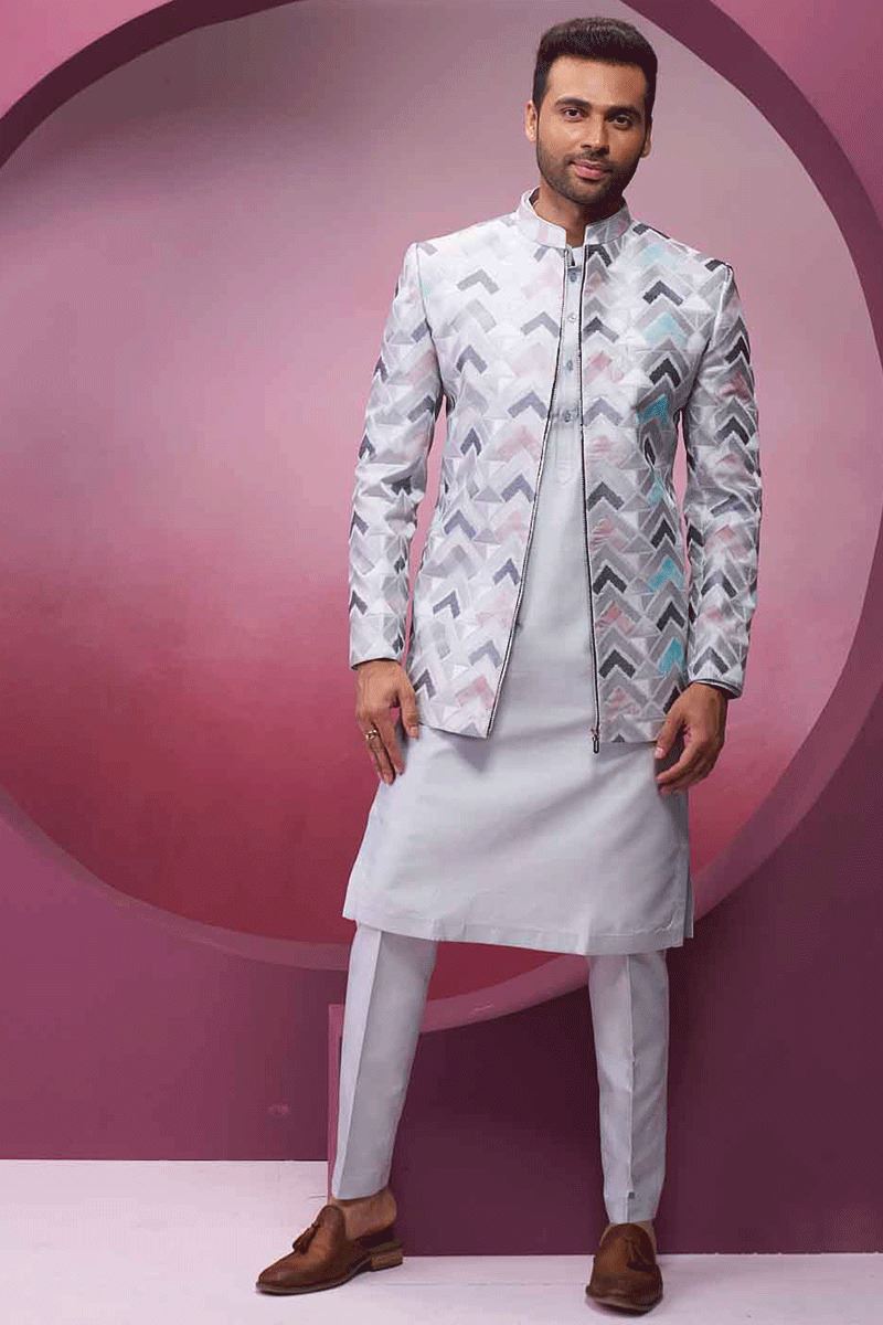 Exuberant Grey Designer 3-Piece Men’s Suit for Party, Engagement, and Reception