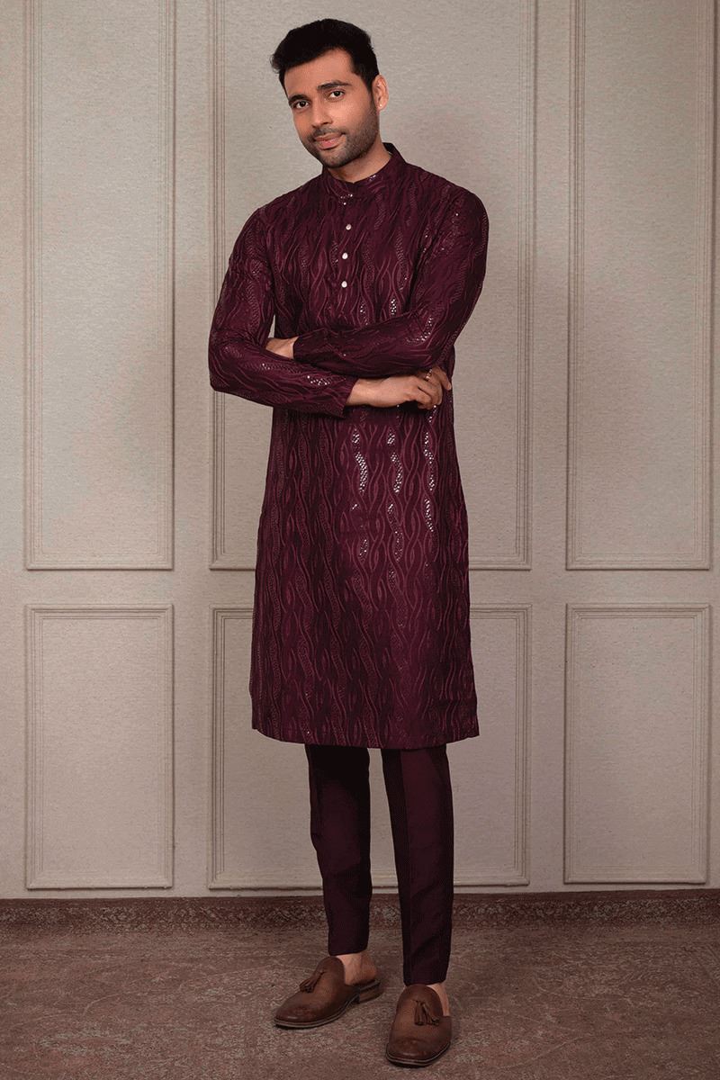 Magnificent Wine Designer Kurta Pant Set for Engagement, Reception, Wedding, Party, and Festivals