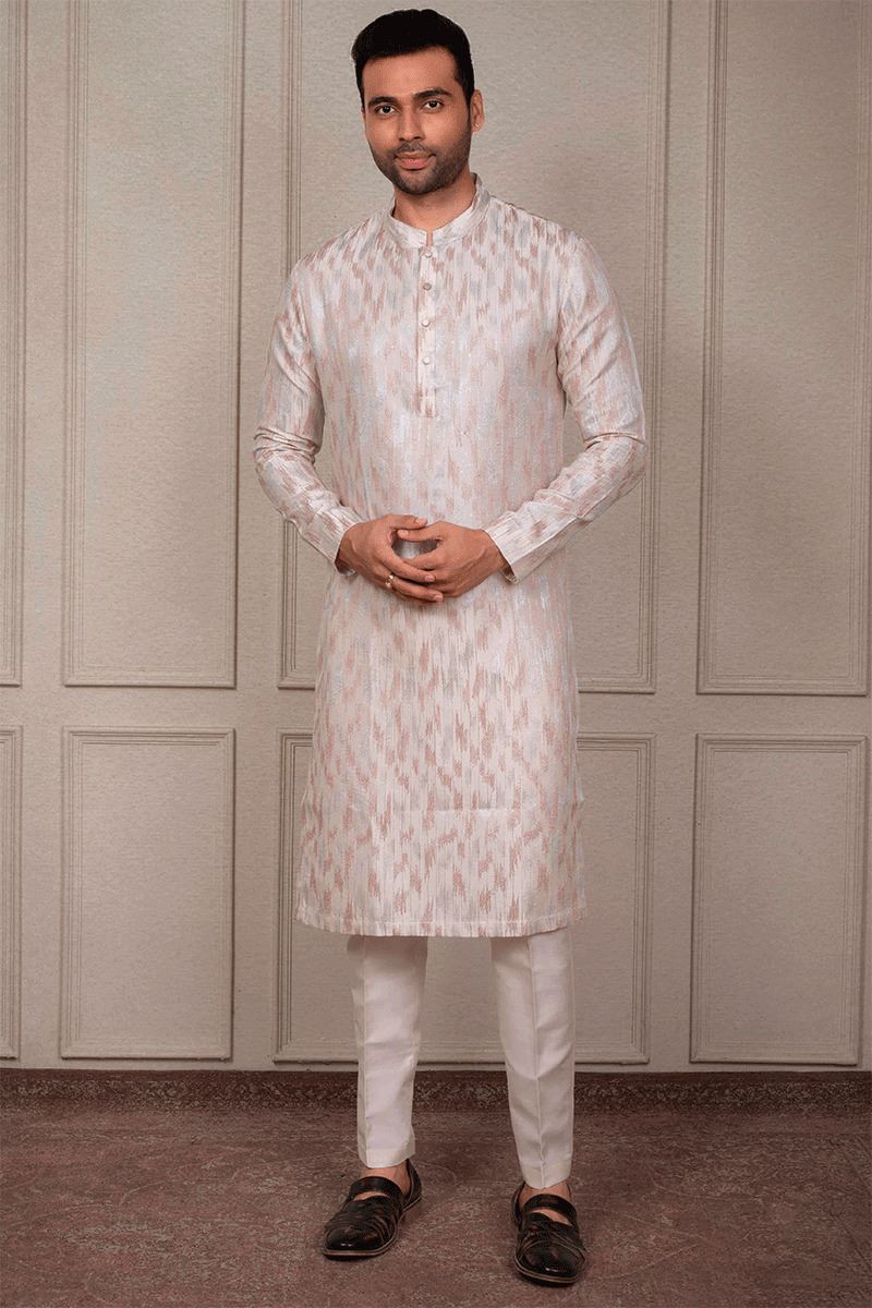 Appealing Light Peach Designer Kurta Pant Set for Engagement and Reception