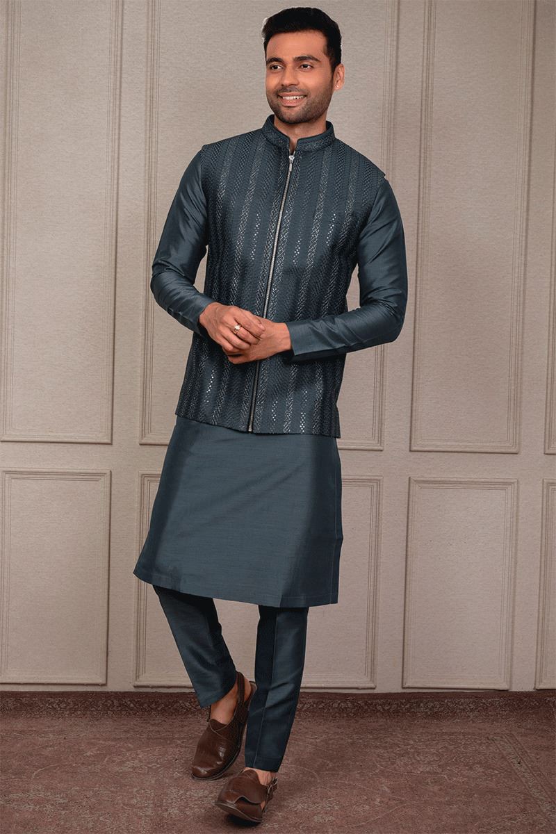 Impressive Rama Blue Designer 3-Piece Men’s Suit for Reception, Wedding, and Festivals