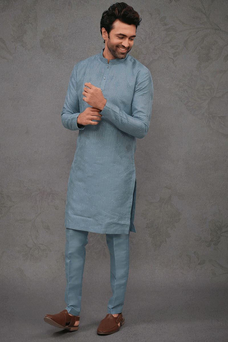 Fancy Water Blue Designer Kurta Pant Set for Party and Festivals