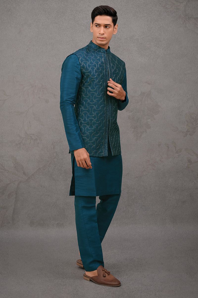 Fashionable Rama Blue Designer 3-Piece Men’s Suit for Wedding, Reception, Party, and Festivals