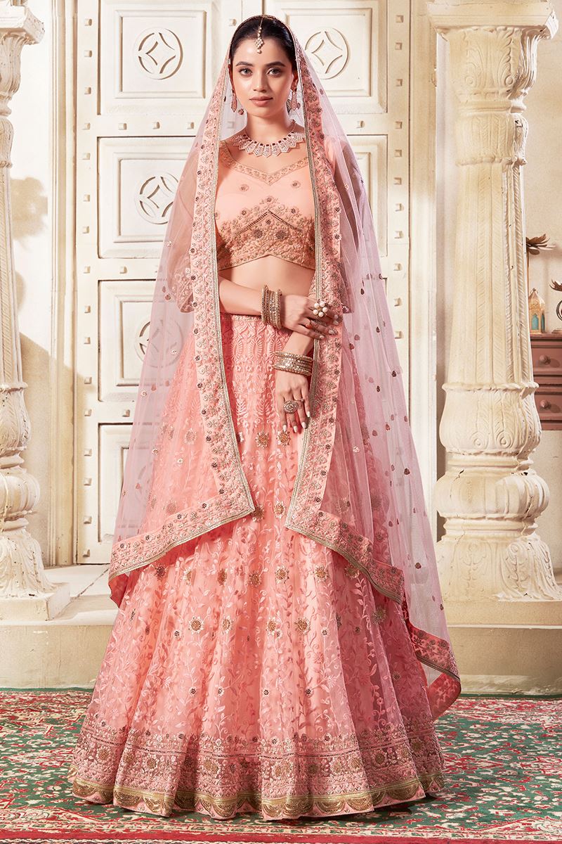 Delightful Dark Peach Designer Wedding Lehenga Choli for Engagement and Reception