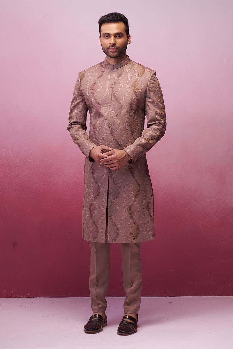Enticing Rust Designer Nawabi Indo-Western Sherwani for Party, Engagement, and Reception