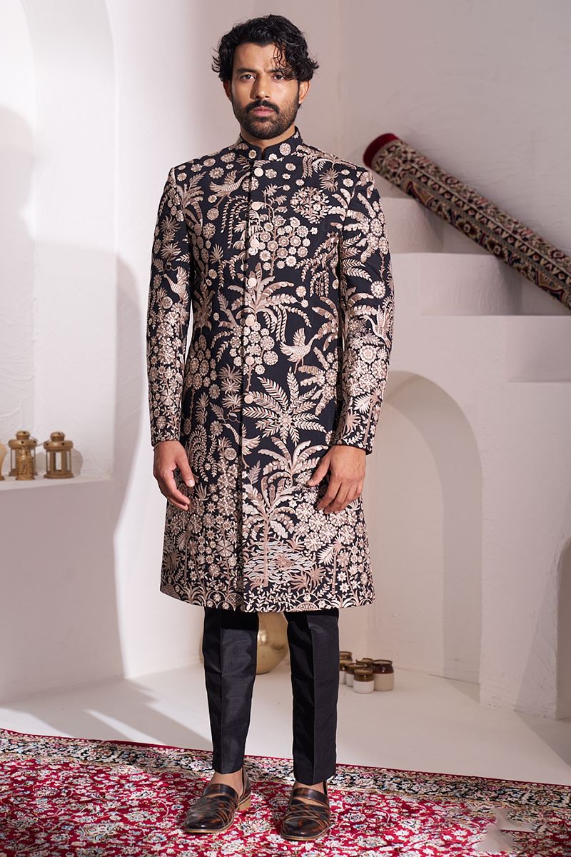 Splendid Black Designer Nawabi Indo-Western Sherwani for Party and Reception