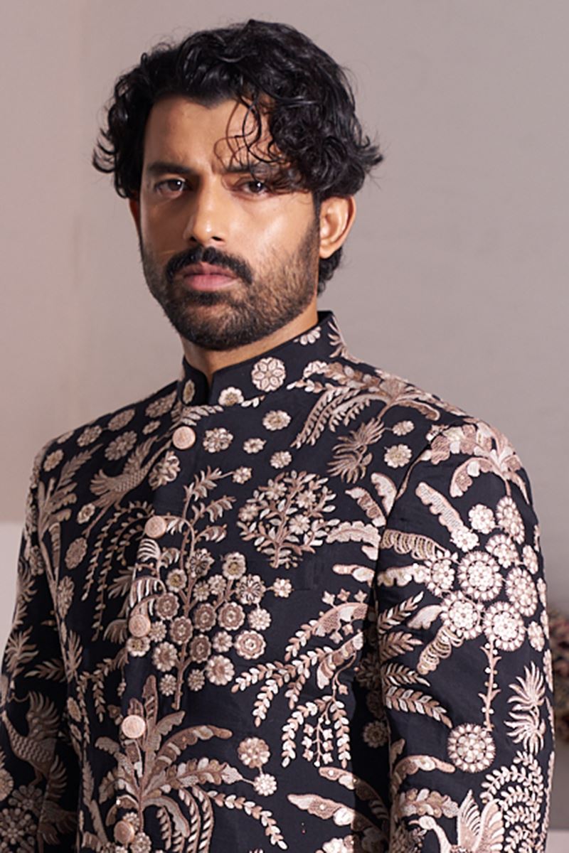 Splendid Black Designer Nawabi Indo-Western Sherwani for Party and Reception