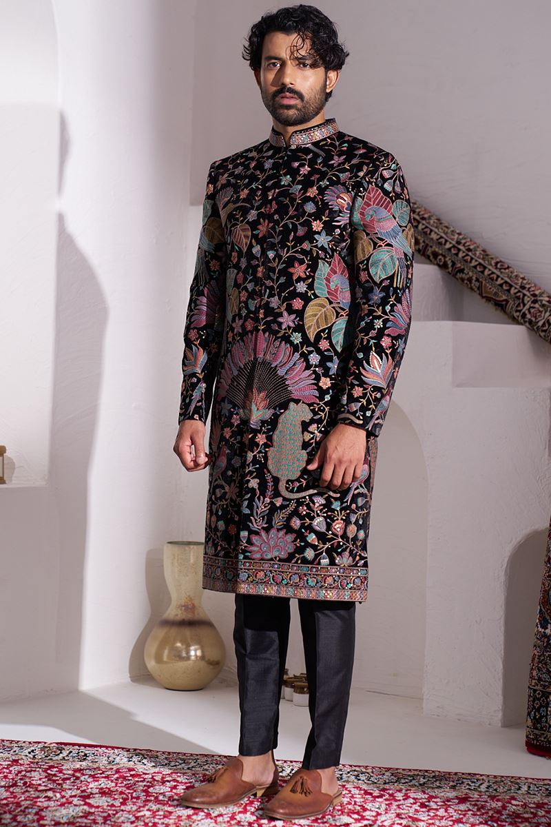 Vibrant Black and Multi Designer Nawabi Indo-Western Sherwani for Party and Reception