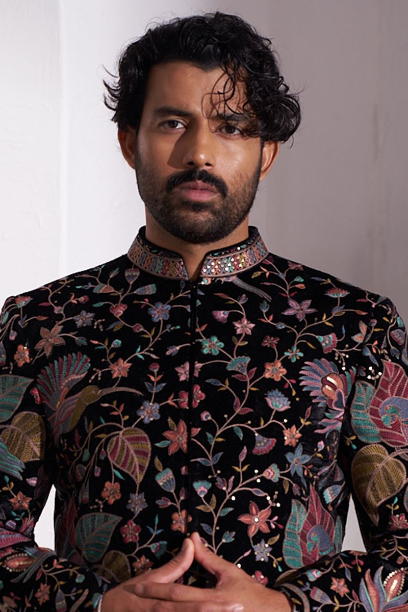 Vibrant Black and Multi Designer Nawabi Indo-Western Sherwani for Party and Reception