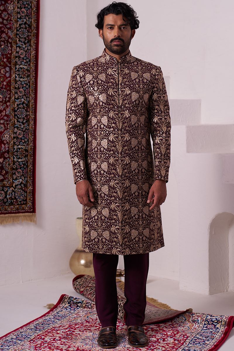 Amazing Maroon Designer Nawabi Indo-Western Sherwani for Engagement, Wedding, and Reception