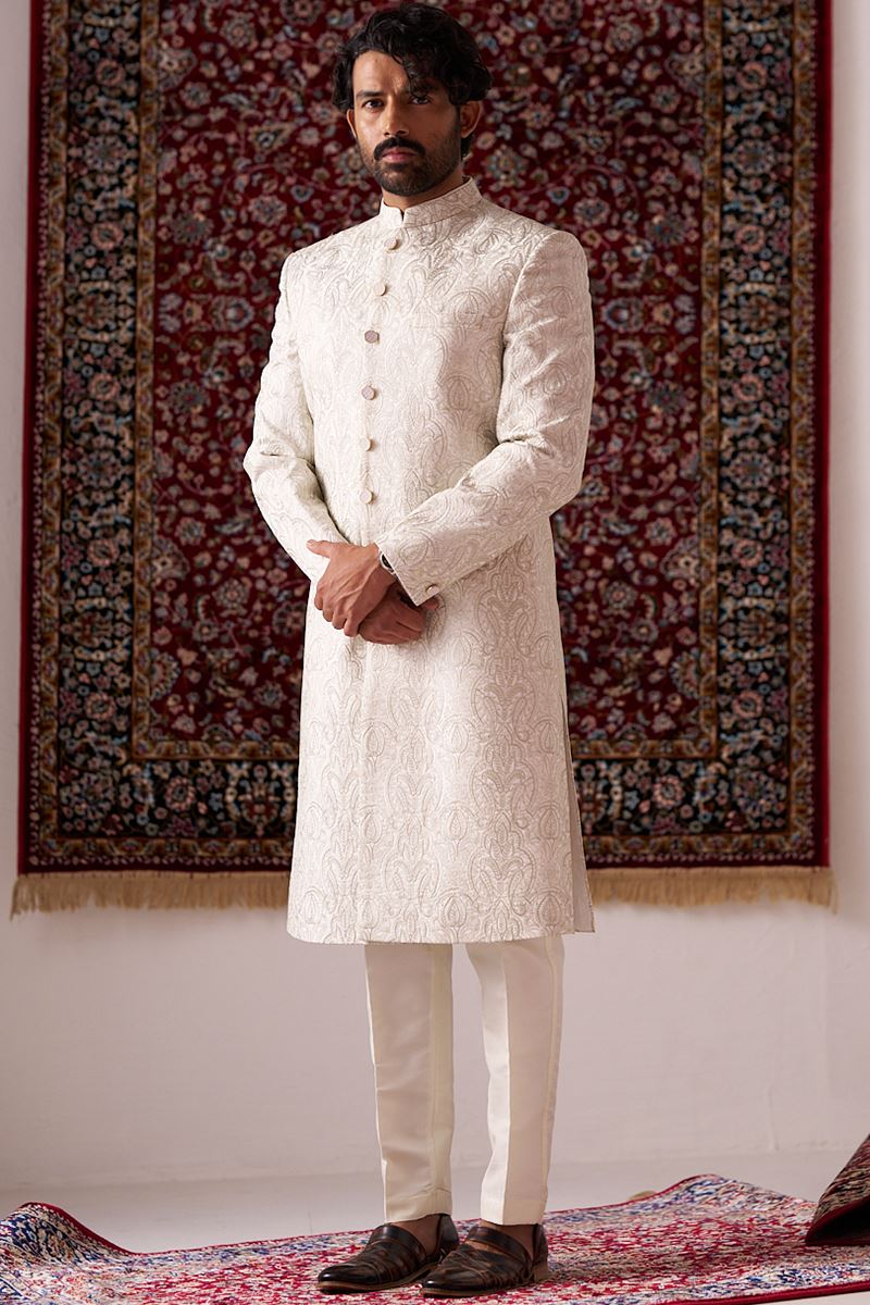 Elegant Off-White Designer Nawabi Indo-Western Sherwani for Engagement and Reception