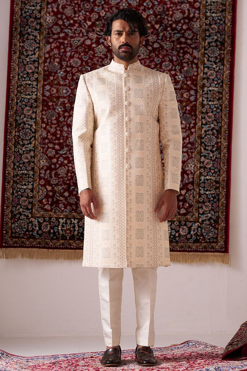 Dashing Cream Designer Nawabi Indo-Western Sherwani for Engagement and Reception