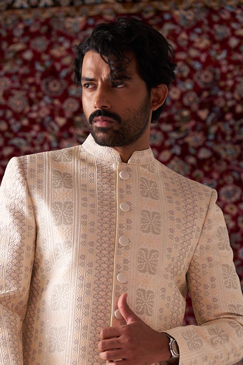 Dashing Cream Designer Nawabi Indo-Western Sherwani for Engagement and Reception
