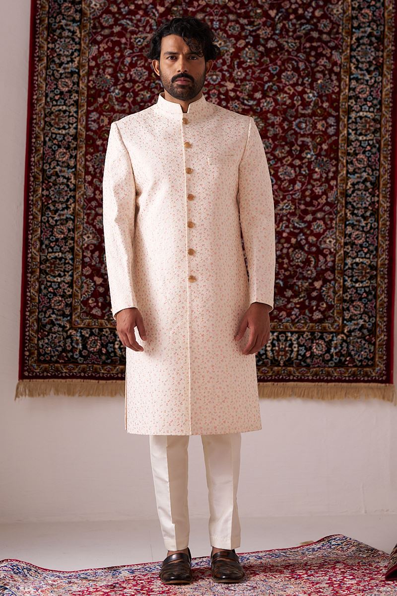 Stylish Cream Designer Nawabi Indo-Western Sherwani for Engagement and Reception