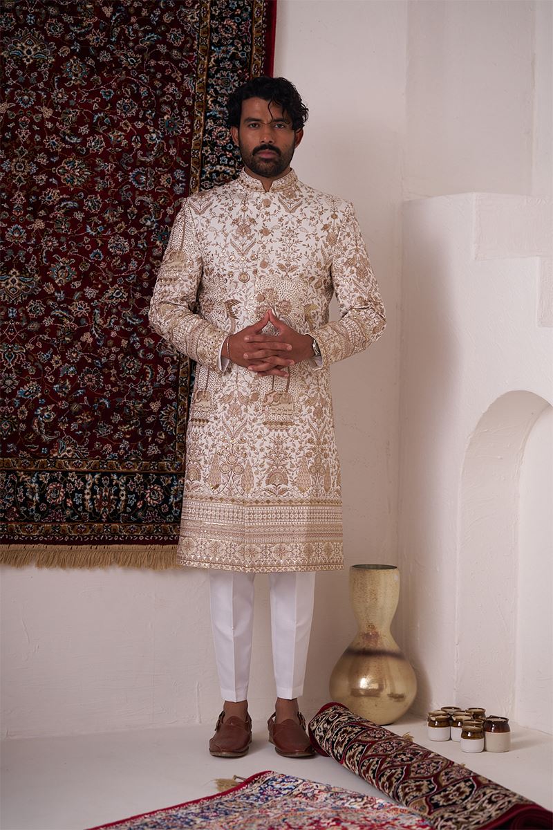 Captivating Cream Designer Nawabi Indo-Western Sherwani for Engagement and Reception
