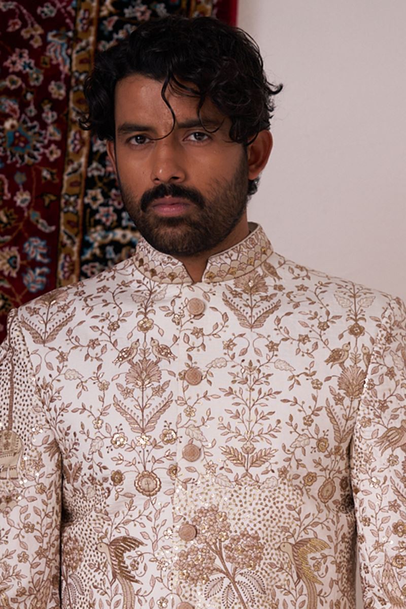 Captivating Cream Designer Nawabi Indo-Western Sherwani for Engagement and Reception