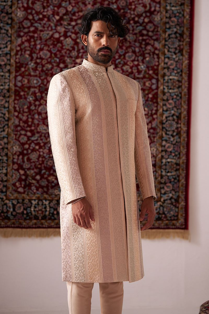 Spectacular Pink Cream Pista Designer Nawabi Indo-Western Sherwani for Engagement and Reception