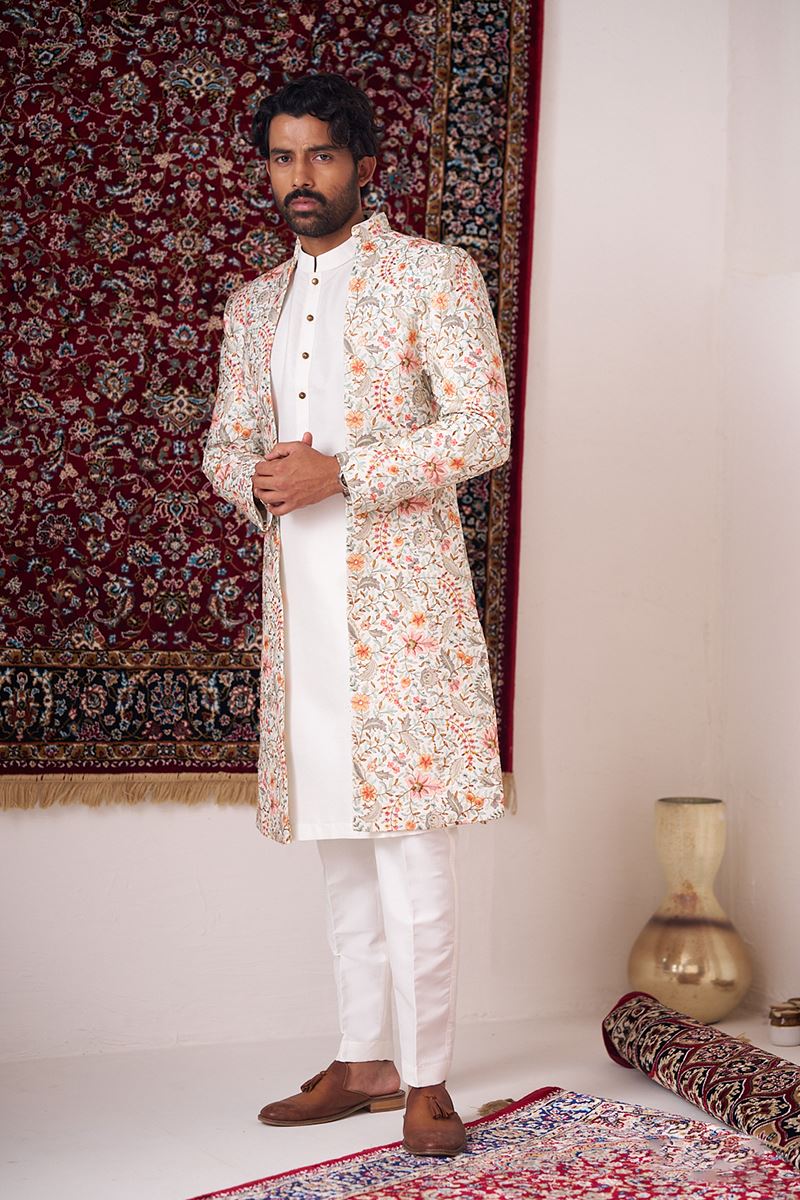 Majestic Off-White Designer Nawabi Indo-Western Sherwani for Engagement and Reception
