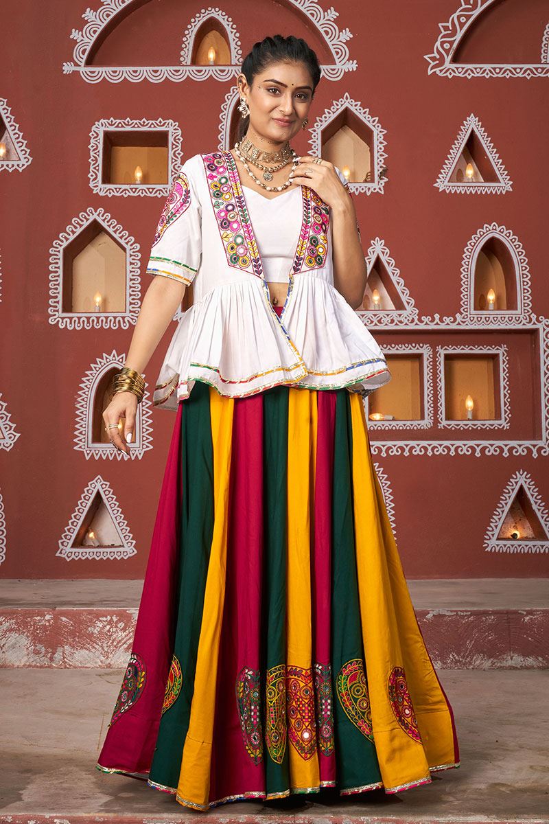 Smashing Multi and White Designer Indo-Western Navratri Lehenga Choli for Garba Raas