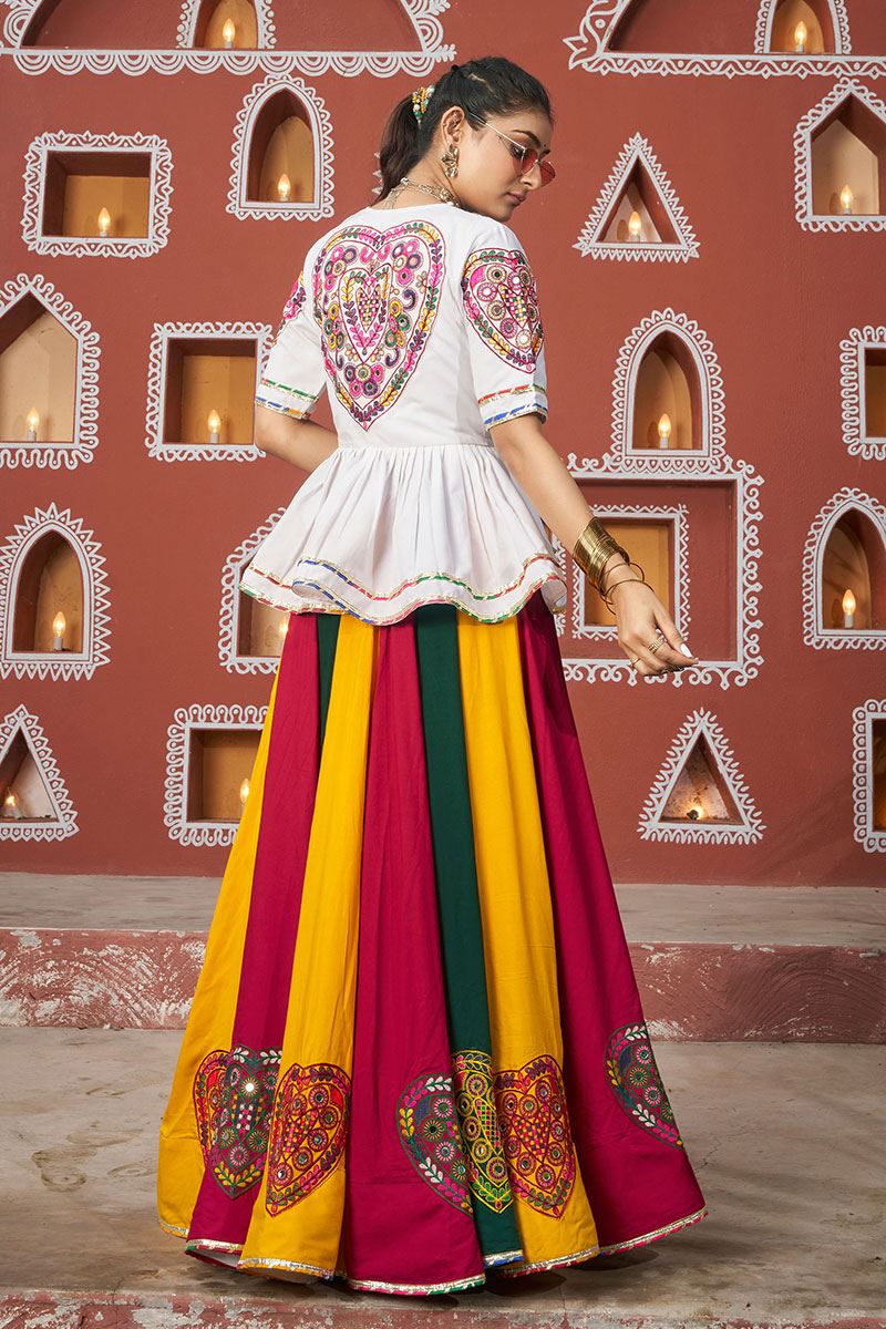 Smashing Multi and White Designer Indo-Western Navratri Lehenga Choli for Garba Raas
