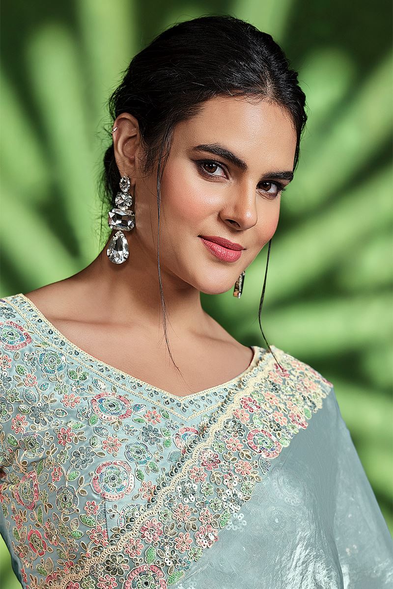 Outstanding 2 Tone Satin Silk Designer Saree for Engagement, Wedding, and Reception