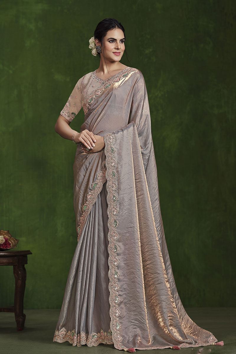 Mesmerizing 2 Tone Satin Silk Designer Saree for Engagement and Reception