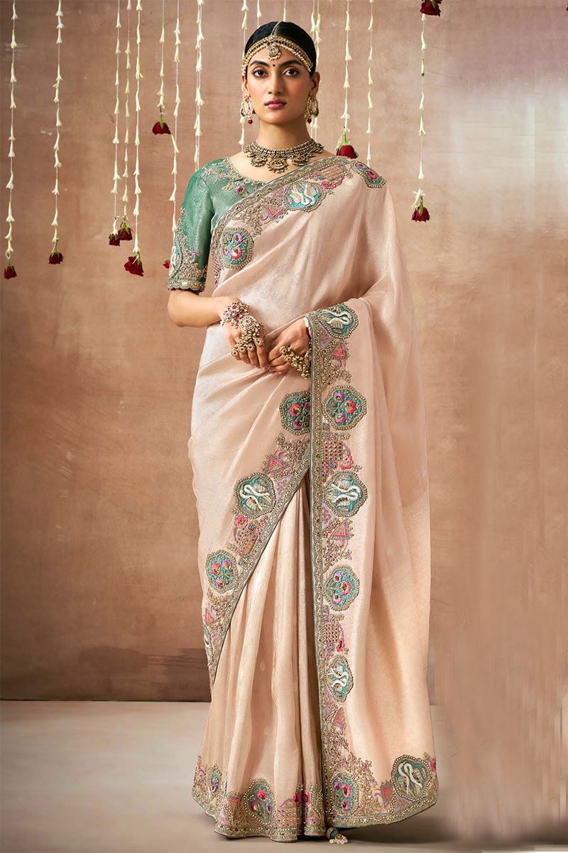 Attractive Tissue Dola Silk Designer Saree for Engagement, Reception, Party, and Festivals