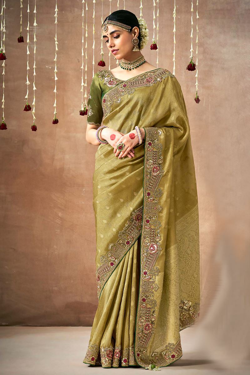 Magnificent Tissue Dola Silk Designer Saree for Mehendi, Wedding, Reception, Party, and Festivals