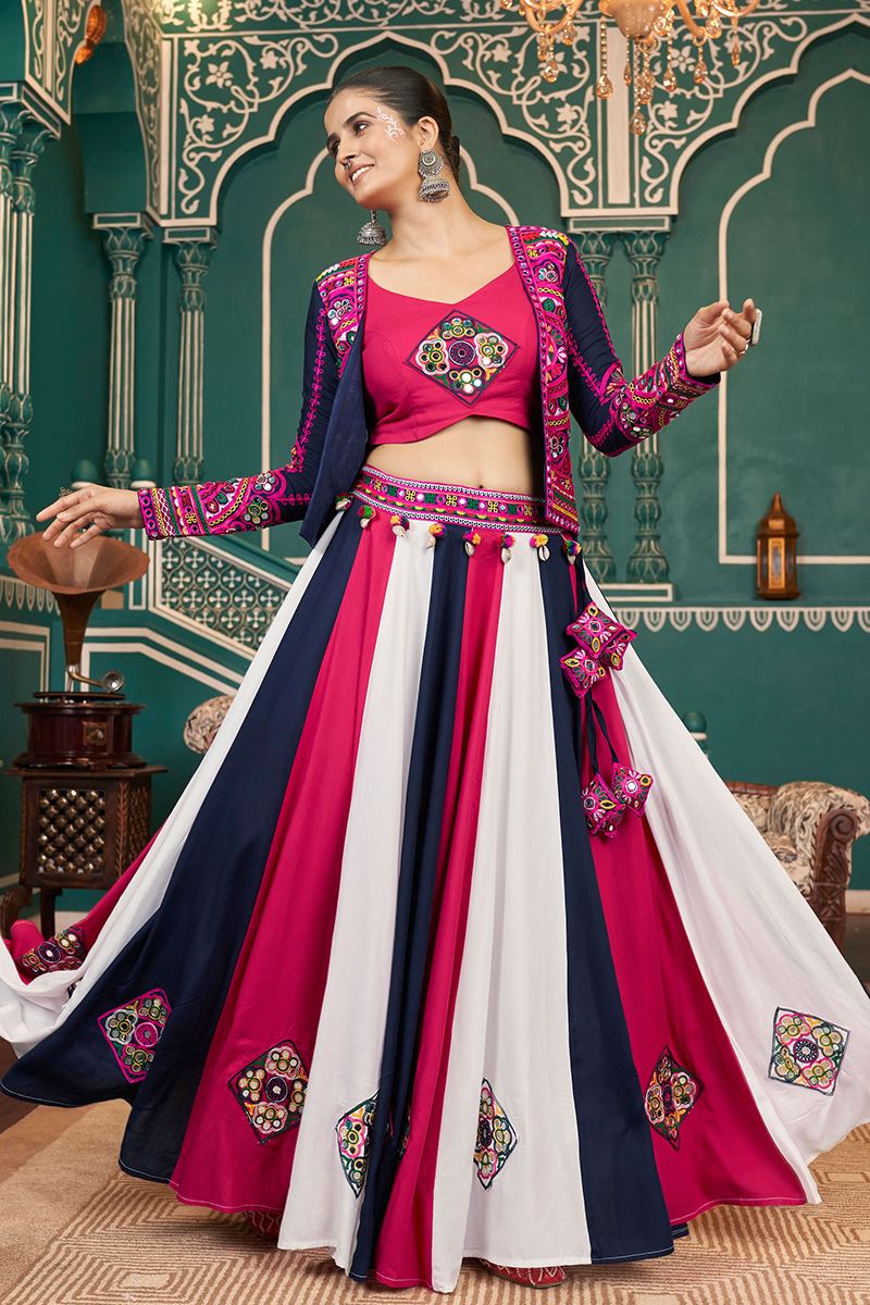 Smashing Multi and Rani Pink Designer Indo-Western Navratri Lehenga Choli for Garba Raas
