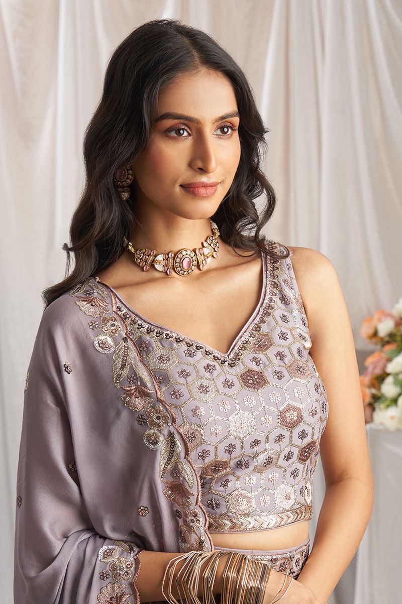 Impressive Mauve Designer Indo-Western Lehenga Choli for Engagement, Reception, Party, and Festivals