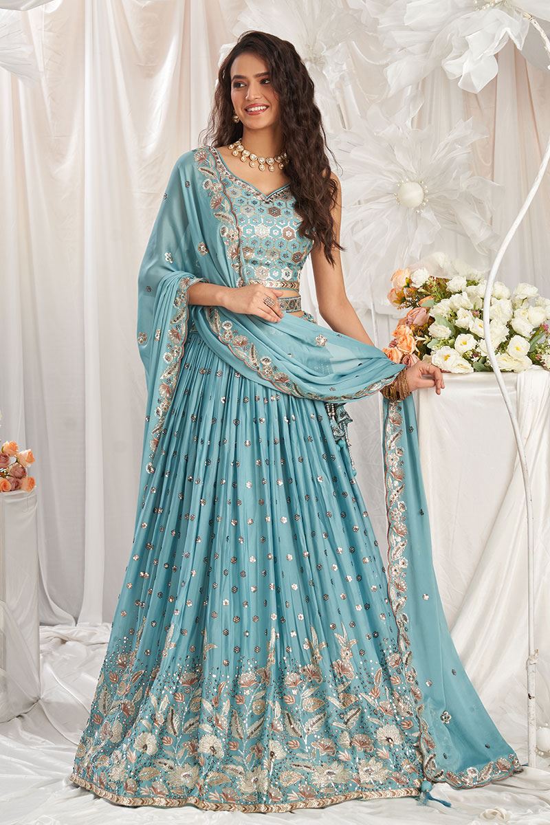 Heavenly Turquoise Blue Designer Indo-Western Lehenga Choli for Engagement, Reception, Party, and Festivals