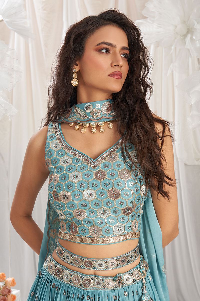 Heavenly Turquoise Blue Designer Indo-Western Lehenga Choli for Engagement, Reception, Party, and Festivals