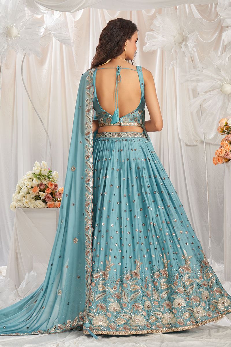 Heavenly Turquoise Blue Designer Indo-Western Lehenga Choli for Engagement, Reception, Party, and Festivals