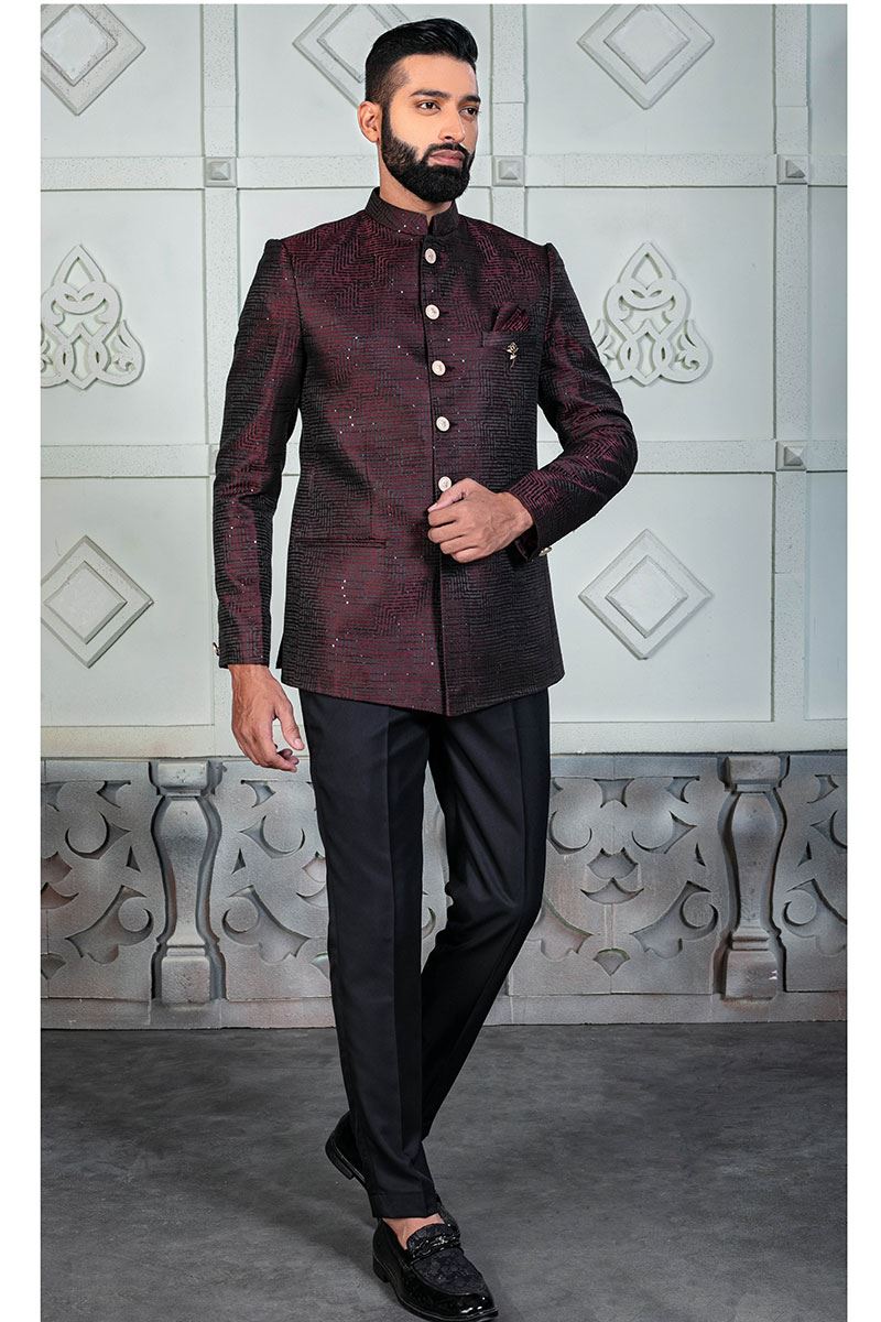 Magnificent Wine Designer Jodhpuri Suit for Wedding, Party, Engagement, and Reception
