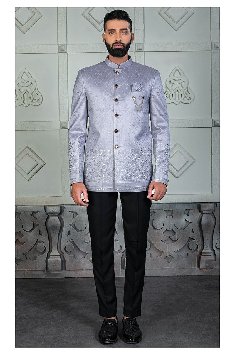 Fancy Grey Designer Jodhpuri Suit for Engagement, Reception and Party