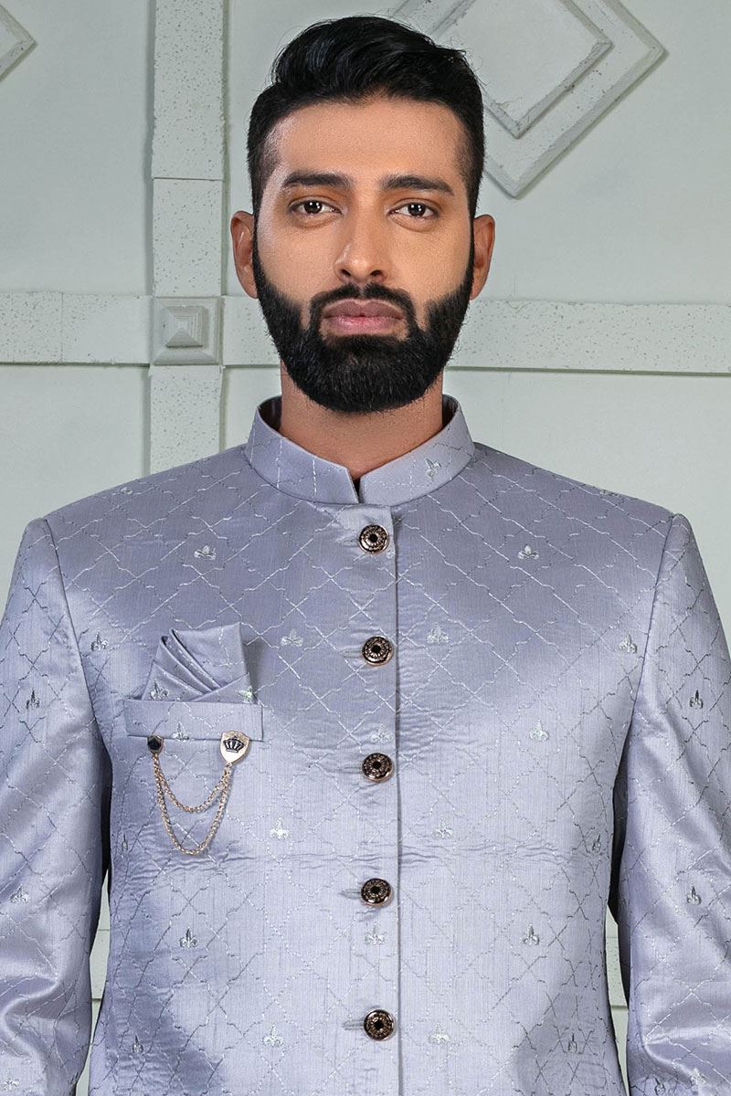 Fancy Grey Designer Jodhpuri Suit for Engagement, Reception and Party