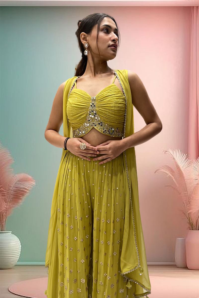 Surreal Parrot Green Designer Palazzo Suit for Party and Festivals