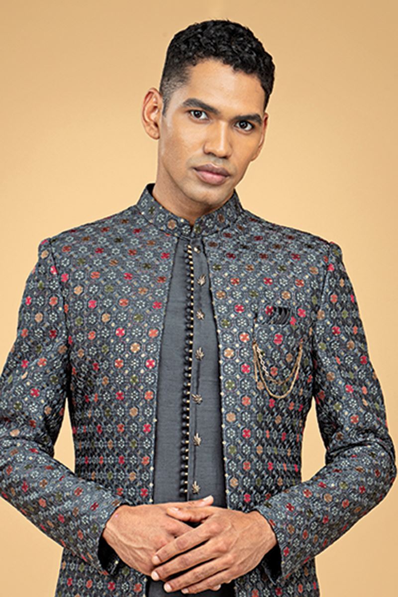 Royal Grey Designer Men’s Indowestern Sherwani for Engagement and Sangeet