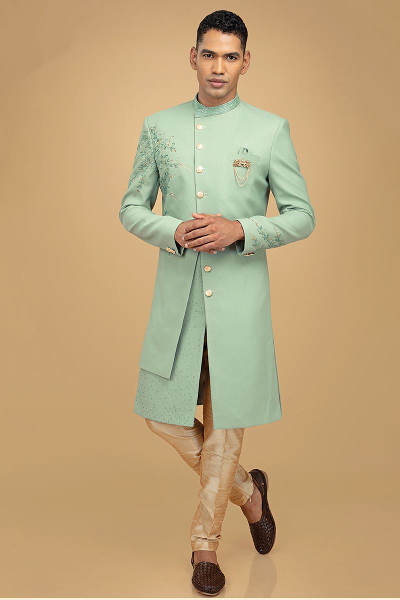 Aesthetic Pista Green Designer Indowestern Sherwani for Engagement and Wedding