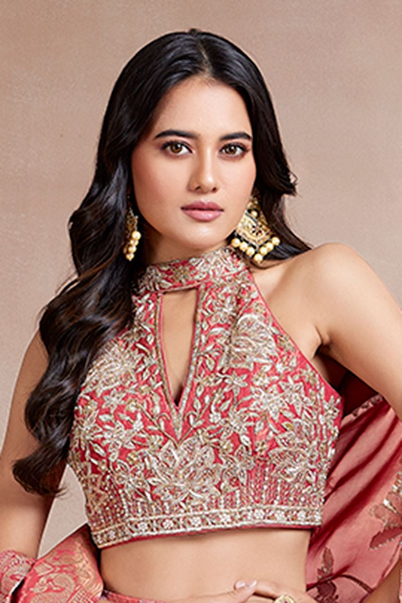 Charismatic Pink and Red Designer Indo-Western Lehenga Choli for Engagement Wedding, and Reception