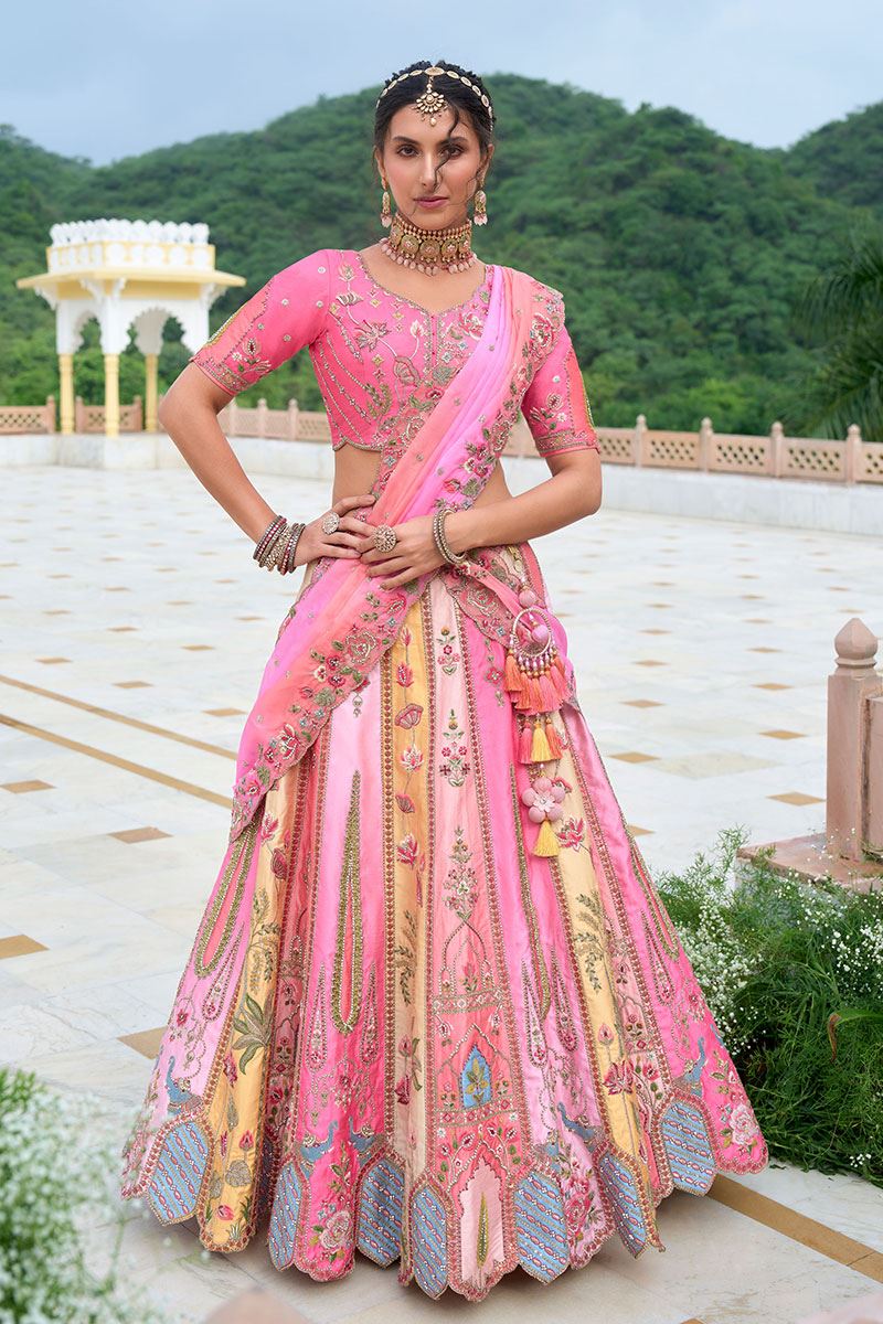 Lovely Pink Designer Lehenga Choli with Colorful Kali for Wedding and Haldi