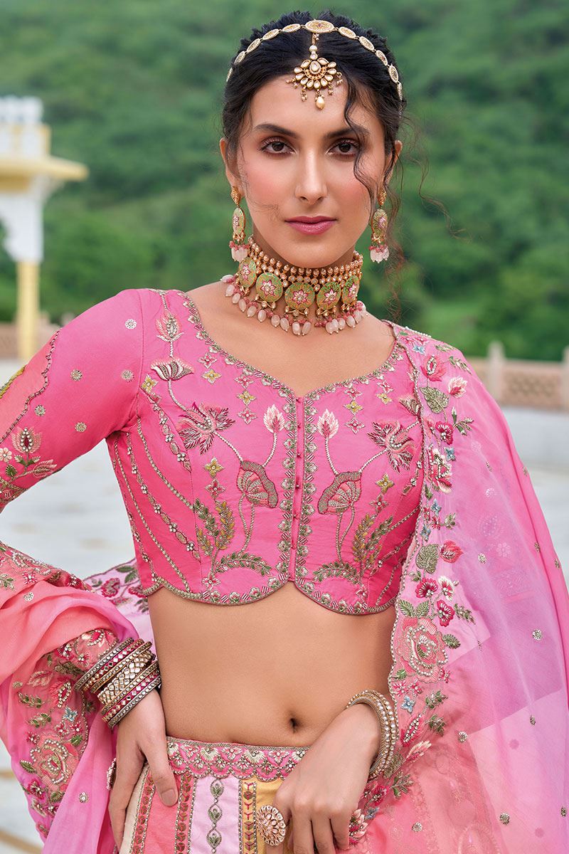 Lovely Pink Designer Lehenga Choli with Colorful Kali for Wedding and Haldi