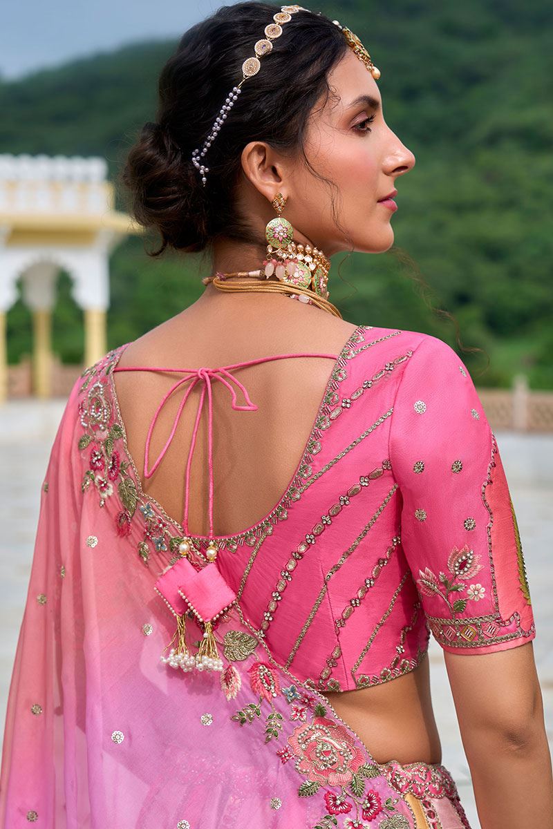 Lovely Pink Designer Lehenga Choli with Colorful Kali for Wedding and Haldi