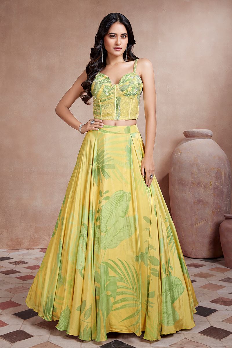 Impressive Yellow Designer Indo-Western Lehenga Choli for Haldi and Party