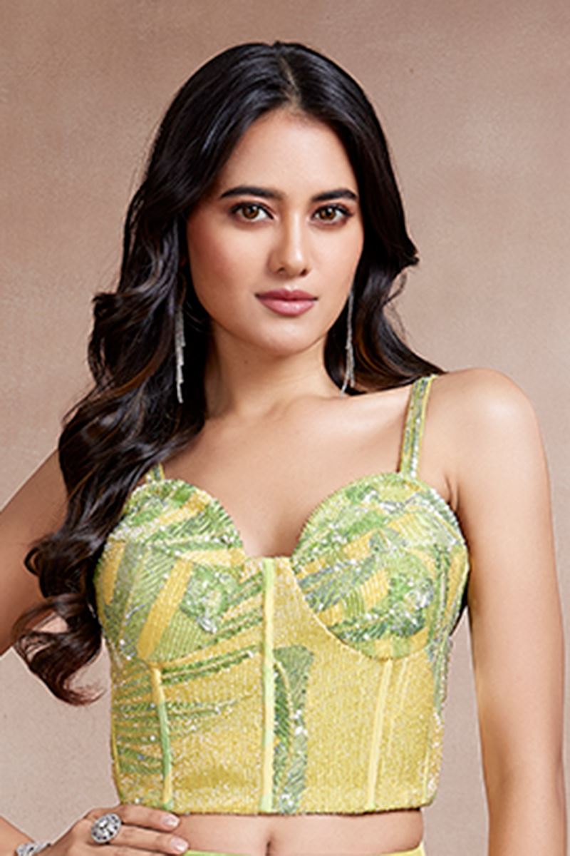 Impressive Yellow Designer Indo-Western Lehenga Choli for Haldi and Party