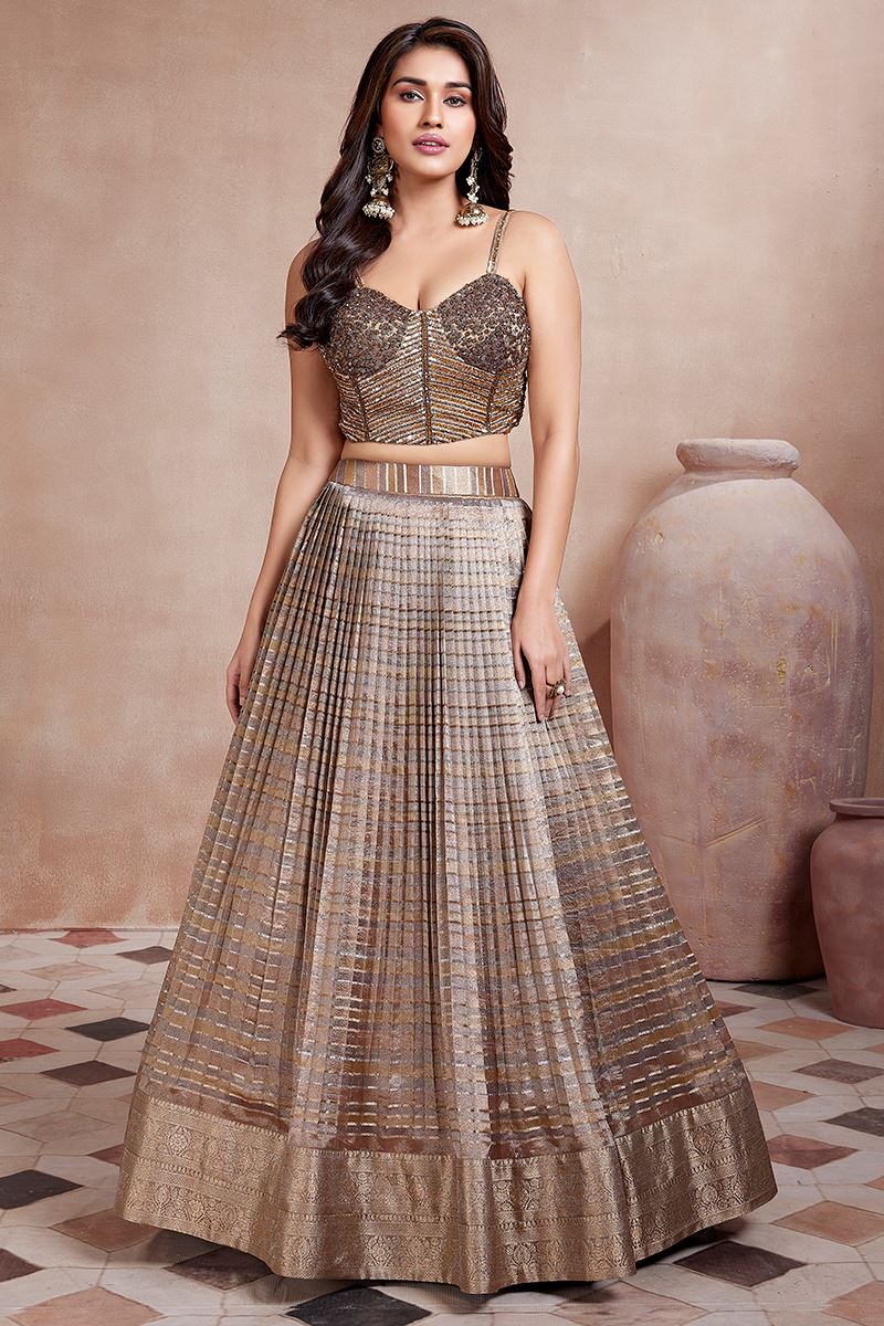 Astounding Brown Designer Indo-Western Lehenga Choli for Party and Sangeet