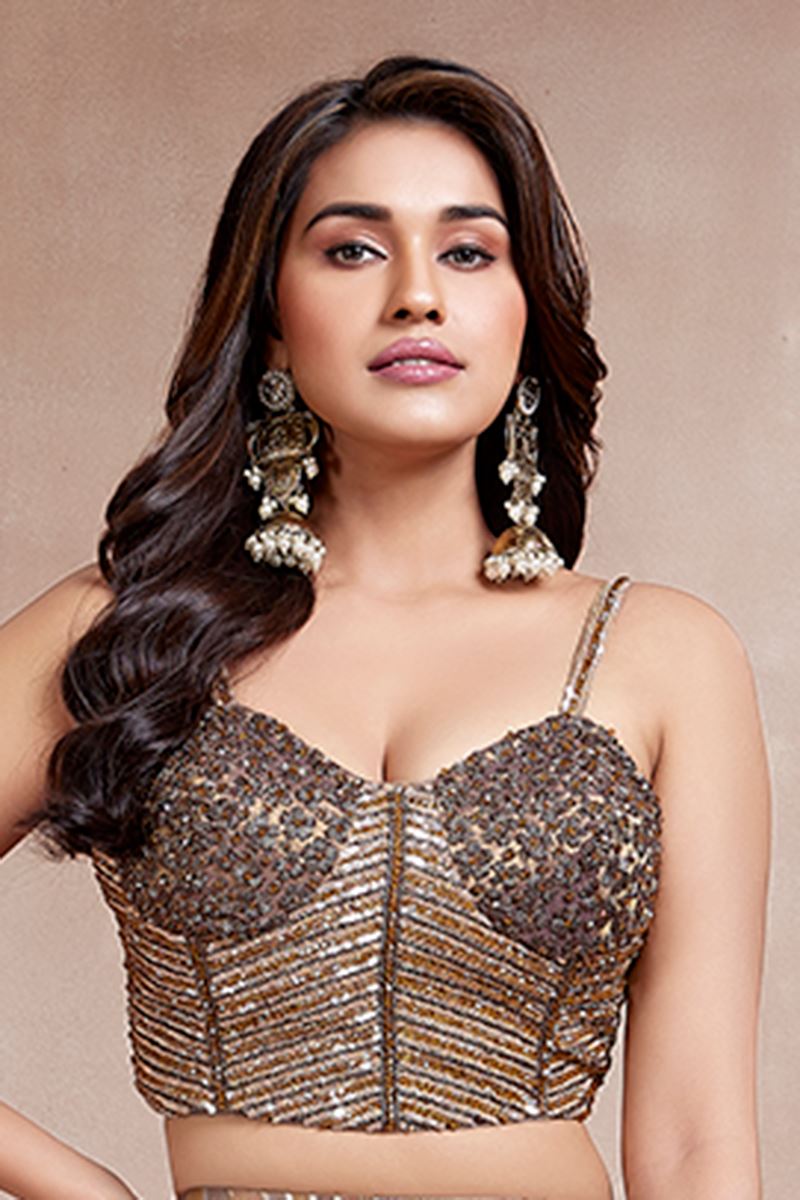 Astounding Brown Designer Indo-Western Lehenga Choli for Party and Sangeet