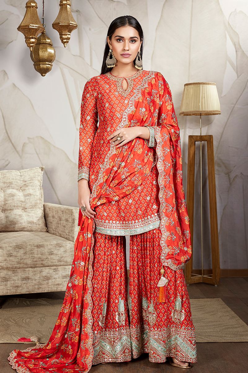 Delightful Red-Orange Designer Gharara Suit for Engagement, Wedding, Reception, Sangeet, and Festivals