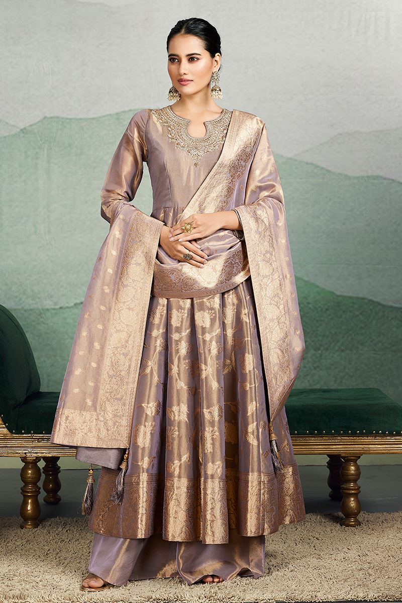 Classy Light Purple Banarasi Silk Designer Anarkali Suit for Wedding, Reception, and Sangeet